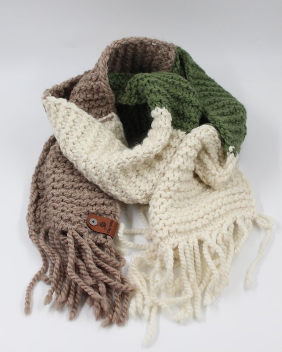 Handmade Hand Knit Garter Stitch Alpaca Wool Blend Sandstone Fringe Scarf