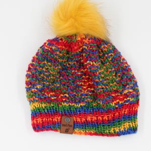 Multi Colored Holiday Beige Red Green Knit Faux Fur Pompom Beanie Winter Hat Multi Colored Holiday Beige Red Green Knit Faux Fur Pompom  main image 3
