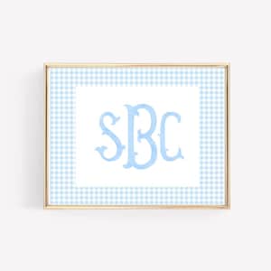 Personalized Monogram Baby Boy Nursery Wall Art. Blue gingham boy monogram, Baby Name Sign, Initial Print, Custom Nursery Decor, Boy nursery