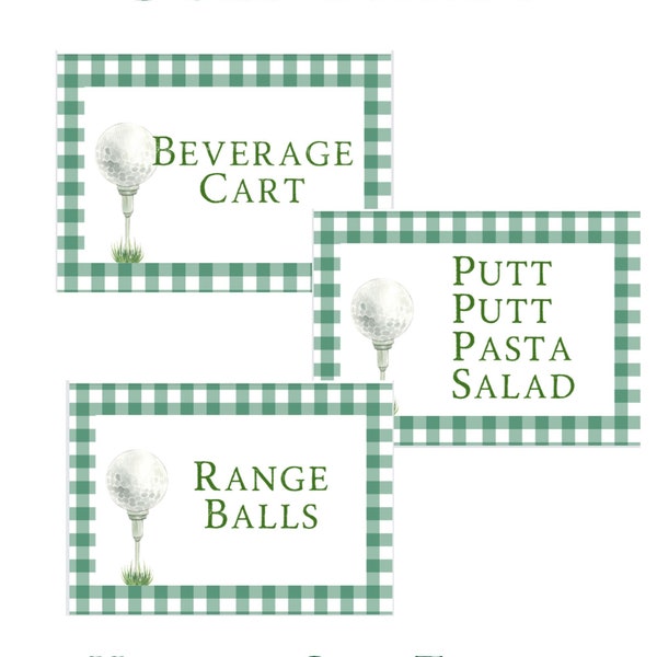 Golf Party Food Cards: Green Gingham, Hole in One Theme (Digital Download)