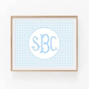 Personalized Monogram Baby Boy Nursery Wall Art. Blue gingham boy monogram, Baby Name Sign, Initial Print, Custom Nursery Decor, Boy nursery