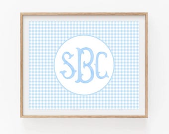 Personalized Baby Boy Monogram Print: Blue Gingham Nursery Decor (Digital Download)