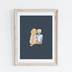 Goldendoodle digital download. Boy nursery decor dog print. Boy bedroom Goldendoodle wall art. Puppy nursery print.  Goldendoodle and boy.