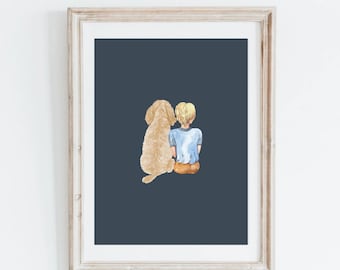 Goldendoodle digital download. Boy nursery decor dog print. Boy bedroom Goldendoodle wall art. Puppy nursery print.  Goldendoodle and boy.