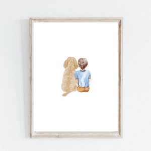 Digitale download Goldendoodle. Hondenprint voor jongenskamerdecoratie. Goldendoodle-muurkunst jongensslaapkamer. Babykamerprint.  Goldendoodle en jongen.