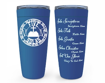 Cinco Solas vasos aislados de acero inoxidable de 20 onzas con logotipo centrado en cruz