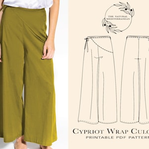 Puede incluir: Un patrón PDF imprimible para un proyecto de costura de pantalones de talle alto. El patrón se llama "Cypriot Wrap Culotte" y es de "The Natural Mediterranean".