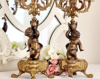 Antique Signed Brevettato Italy Bronze Metal Cherub Ornate Candelabra Set