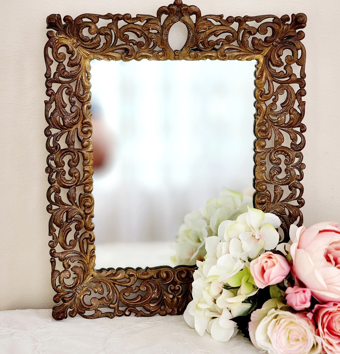 Antique Brass Rococo Vanity Mirrored Tray L Ornate Heavy Brass Wall ...