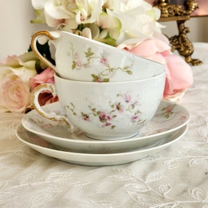 French Limoges Pink Roses Cake Plate & Tea Cups