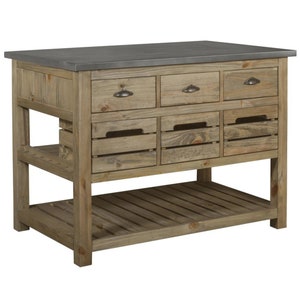 PrairieFurnitureShop - Barlow Crate Kitchen Island - Rustic Pine and Zinc Top - Natural - Distressed White