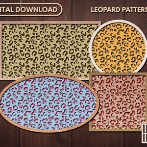 May include: A set of four digital download files featuring leopard print patterns in various colors. The patterns are displayed in framed squares and a circle, with a light wood background.