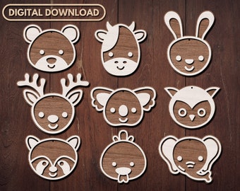 Cute Hanging Animals Laser Cut Files, 2 Layer Wall Decor, Laser Cut Kid, Bear, Bunny, Chicken, Cow, Deer, Elephant, Koala, Owl, Racoon SVG