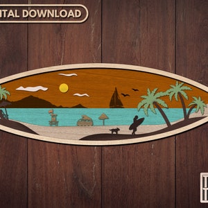 Laser Cut Surfboard Beach Scene: Layered SVG, Glowforge File (Digital Download)