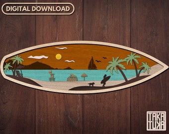 May include: A wooden surfboard with a cutout design of a beach scene. The scene includes palm trees, a lifeguard stand, a car, a dog, a surfer, and a sailboat. The sky is orange and yellow with white clouds. The ocean is blue and green. The sand is white.