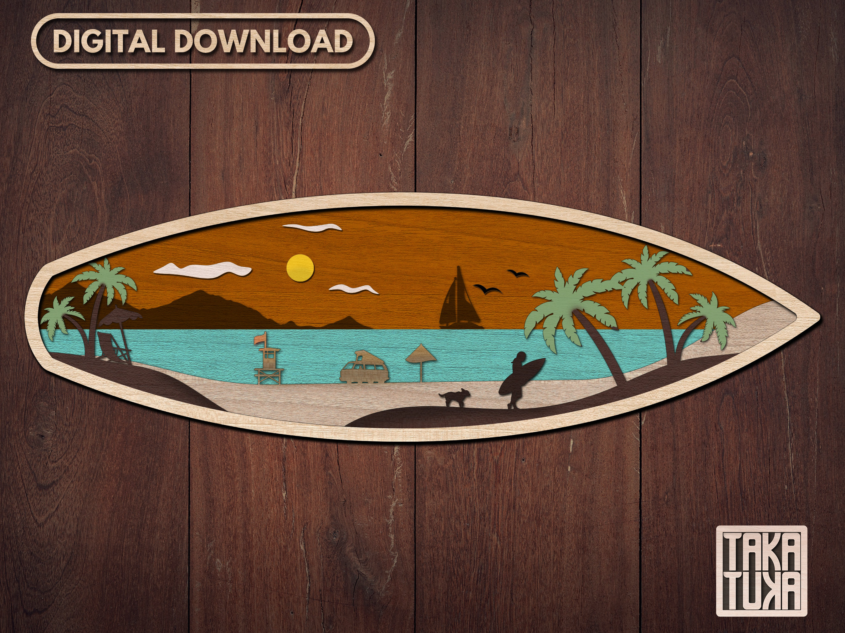 Surf Beach Laser Cut File, 3D Surf SVG, Layered Surf SVG, Surf Wall