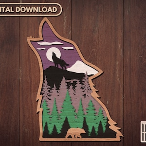 May include: A wooden cutout of a wolf howling at the moon with a forest scene inside the wolf's silhouette. The wolf is purple and the forest is green and black.