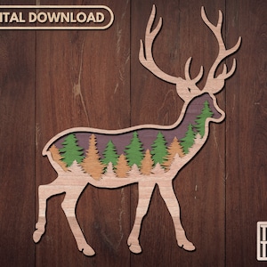 Layered Deer Laser File, Glowforge Deer File, Forest Deer Laser Cut File, Wildlife Laser Svg, Hunting Laser, SVG, Pines Cut File, Deer Svg