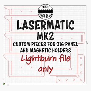 May include: A red and white digital design file for a laser cutter. The design is for a jig panel and magnetic holders. The file is for use with Lightburn software. The text "LASERMATIC MK2" is in the center of the design.
