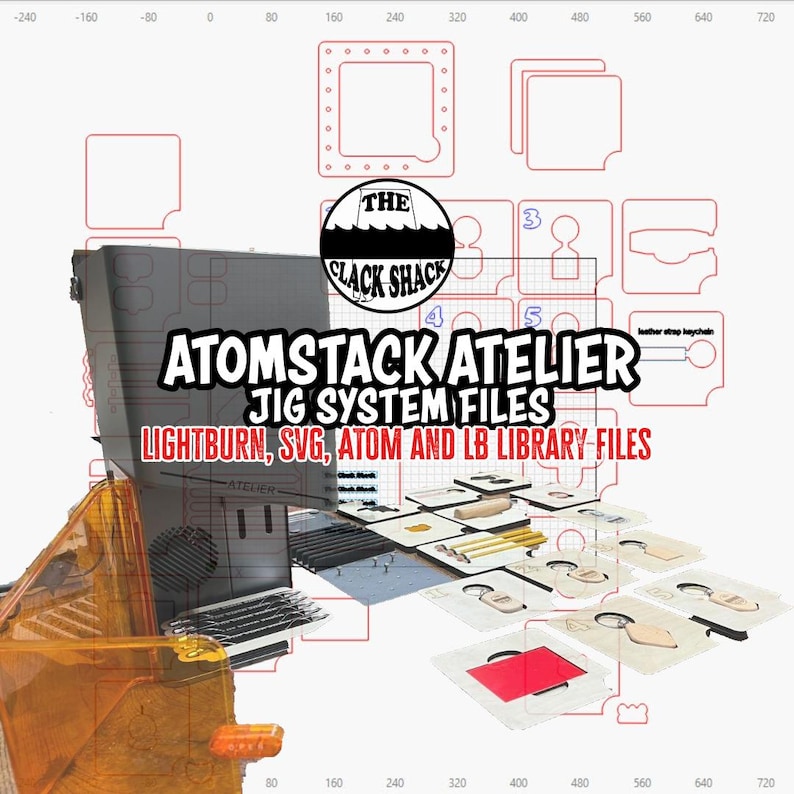 以下が含まれることがあります： 「ATOMSTACK ATELIER JIG SYSTEM FILES」と「LIGHTBURN, SVG, ATOM AND LB LIBRARY FILES」のテキストを含む画像。画像には「THE SLACK SHACK」のロゴと、さまざまな図や製品モックアップも含まれています。