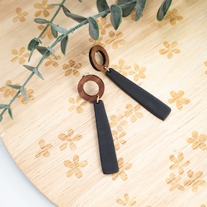 Wood + Black Clay Dangles | Polymer Clay Earrings | Minimal Earrings | Handmade | Hypoallergenic | Lightweight | Gift | Simple