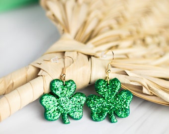 Large Shamrock Glitter Dangles | Earrings | Polymer Clay Earrings | St. Patty's Earrings | Handmade | Hypoallergenic | Lightweight | Gift |