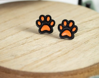 Orange & Black Paw Stud | Polymer Clay Earrings | Minimal Earrings | Handmade | Hypoallergenic | Lightweight | Gift | Simple