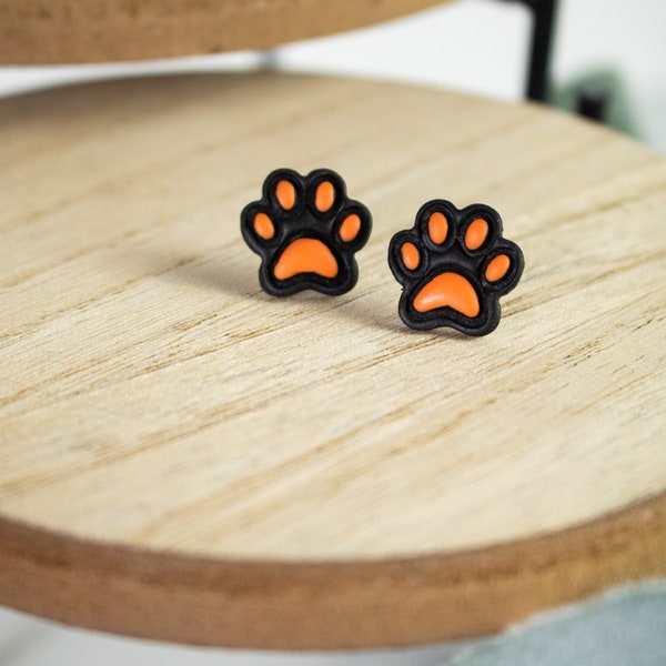 Orange & Black Paw Stud | Polymer Clay Earrings | Minimal Earrings | Handmade | Hypoallergenic | Lightweight | Gift | Simple