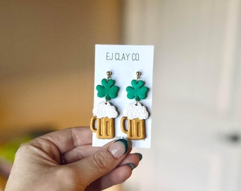 Shamrock Beer Dangles | Polymer Clay Earrings | St. Patty's Earrings | Hypoallergenic Clay Earrings | St. Patrick's Day Jewelry