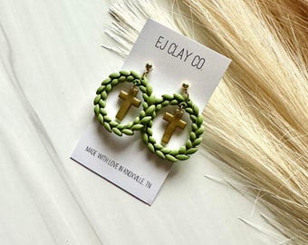 Cross Wreath Dangles | Easter Earrings | Polymer Clay Earrings | Minimal Earrings | Handmade | Hypoallergenic | Lightweight | Gift | Simple