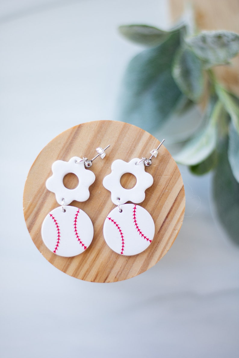 Baseball Flower Dangles Polymer Clay Earrings Baseball Earrings Handmade Hypoallergenic Lightweight Gift Sports Earrings image 1