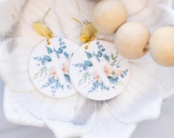 Greenery Cross Dangles | Easter Earrings | Polymer Clay Earrings | Easter Earrings | Handmade | Hypoallergenic | Cross Earrings