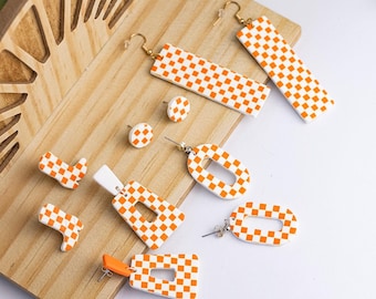 Checked Collection | Orange and White Clay Earrings | Minimal Earrings | Handmade | Hypoallergenic | Lightweight | Gift | Simple