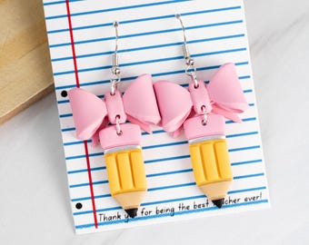 Pink Bow Pencil Dangles | Teacher Earrings | Polymer Clay Earrings | School Earrings | Handmade | Hypoallergenic | Teacher Gift