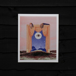 May include: A surrealist collage featuring a window with orange curtains and a large eye in the centre. The window is partially submerged in a dark, wavy sea.