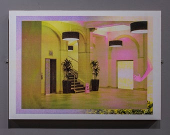 May include: A yellow and pink hallway with a staircase, two potted plants, and a doorway. The hallway has a yellow and pink color scheme with a pink hand reaching out from the doorway.
