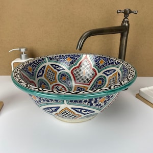 Ceramic bathroom sink, Hand painted sink, Vessel sink, Boho bathroom decor, Artisan ceramic sink, Bathroom vessel basin, Unique sink