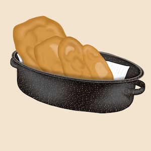 May include: An oval baking dish with a speckled black finish, containing four loaves of bread. The bread is golden brown and slightly toasted.