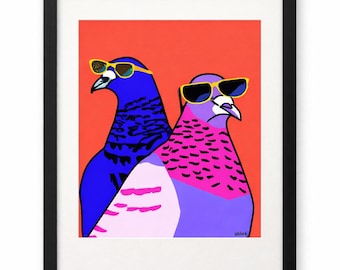 Pigeon Pals Art Print, Dorky BFF Gift, Colorful Birds