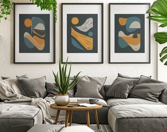 Trio of Serenity - Set of 3 Abstract Wall Art Prints - Minimalist Art For Living Room - Mid Century Modern Contemporary Art - UNFRAMED