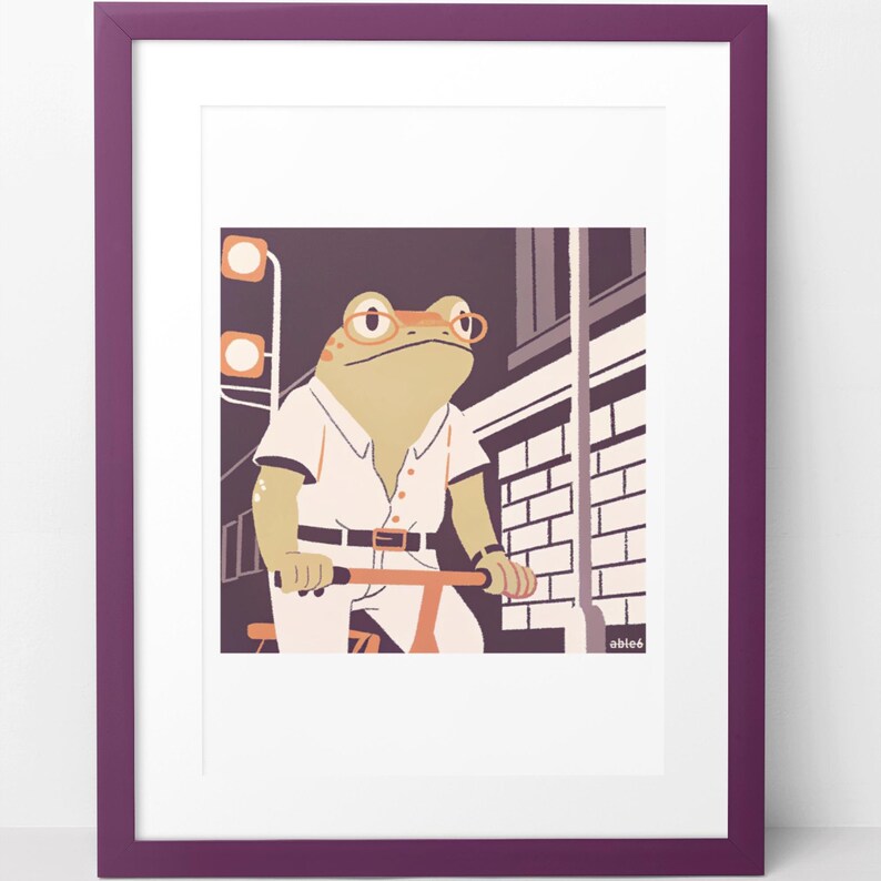 retro cycling frog art print for bike enthusiasts