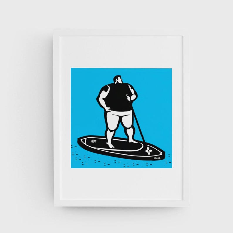 May include: A black and white illustration of a person standing on a surfboard in a blue body of water. The person is wearing a black tank top and shorts. The surfboard has the word "Iro" printed on it.