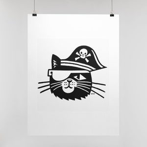 Pirate Cat Art Print Funny Cat Wall Art Cat Pirate Decor Cat Dad Gift Cat Mom Gift Kid's Room Artwork Poster by able6 Black & White