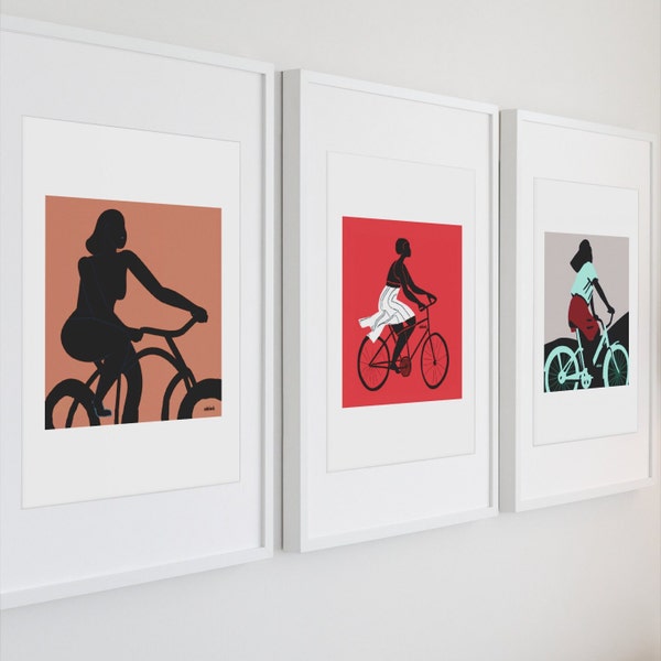 Láminas artísticas de chicas negras ciclistas: Decoración de pared con mujeres ciclistas diversas (sin marco)