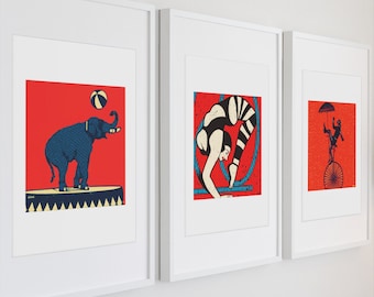 Vintage Circus Art Print: Elephant, Contortionist, Unicyclist
