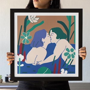 Sapphic romantic art print, Vintage lesbian couple first kiss illustration, LGBTQ+ women kissing watercolor wall art - NOT FRAMED