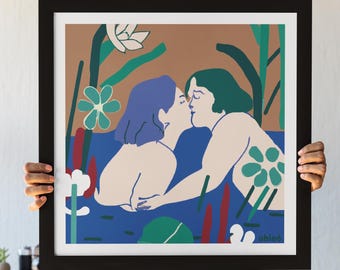 Sapphic First Kiss Art Print: Vintage Lesbian Couple Illustration