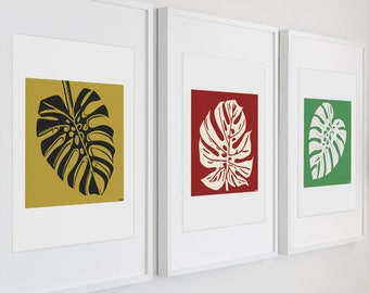 Monstera Leaf Minimal Art Prints - Houseplant Botanical Wall Art - Set of 3 Plant Linocut Style Prints by able6 - UNFRAMED