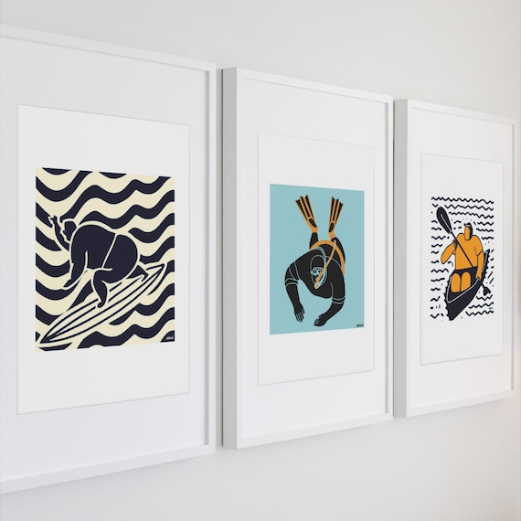 Big Guy Water Sports Art Print: Surfing, Snorkeling, Kayaking