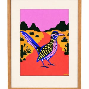Levendige print in linosnedestijl Arizona Roadrunner - Southwest Desert Art